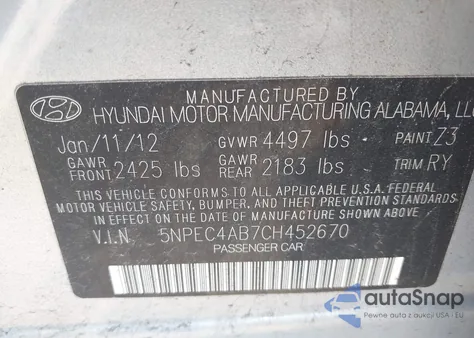 2012 Hyundai Sonata Se 2.0T z USA, uszkodzony, nr VIN 5NPEC4AB7CH452670